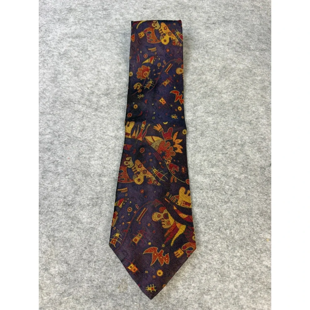 Paul Bri Mens Purple Gold Red Abstract Novelty Print 100% Silk Necktie RN‎ 81581